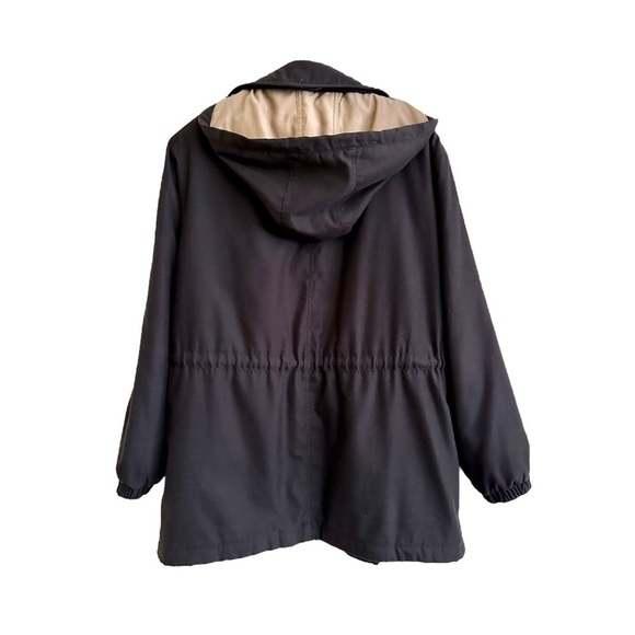 OUTBROOK, WOMENS, BLACK, HOODED COAT. DETACHABLE TAN/BLACK HOOD. SIZE 8/10 - Picture 2 of 7